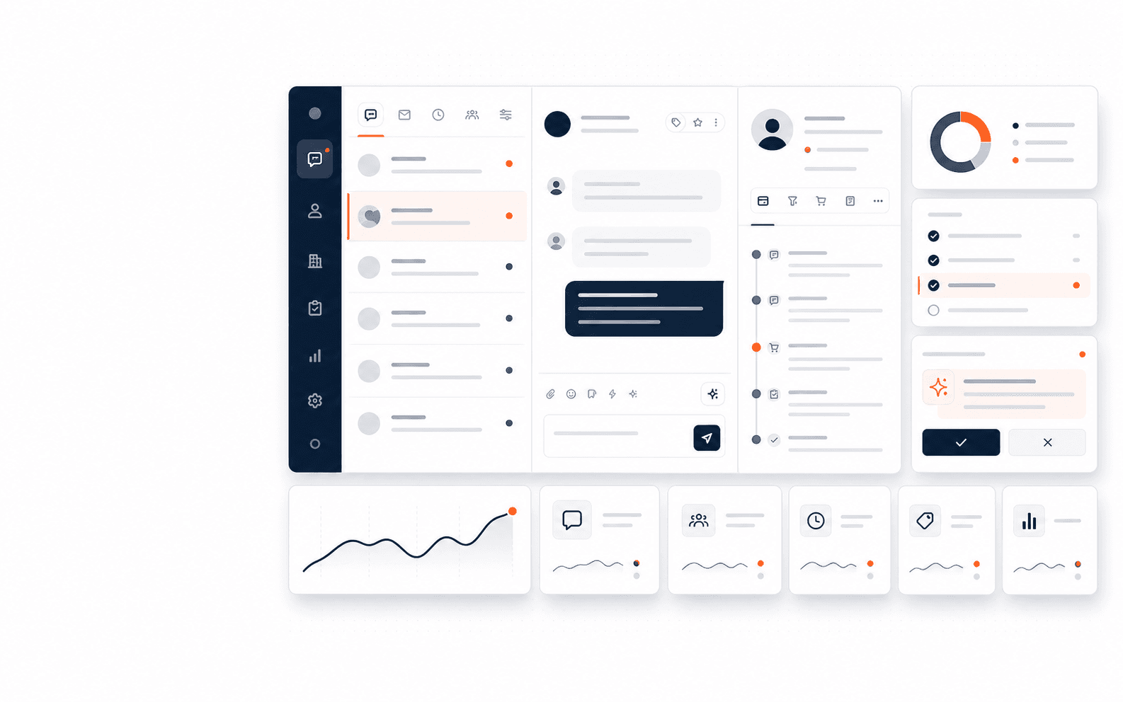 Painel operacional do Noria AI reunindo conversas, CRM, tarefas, sugestão da IA e métricas.